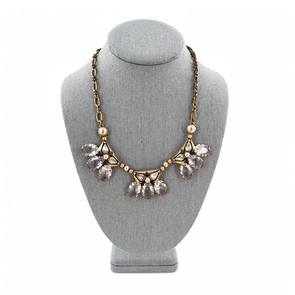 J Crew Clear Rhinestone Triad Statement Necklace Antique Brass - Picture 3 of 6